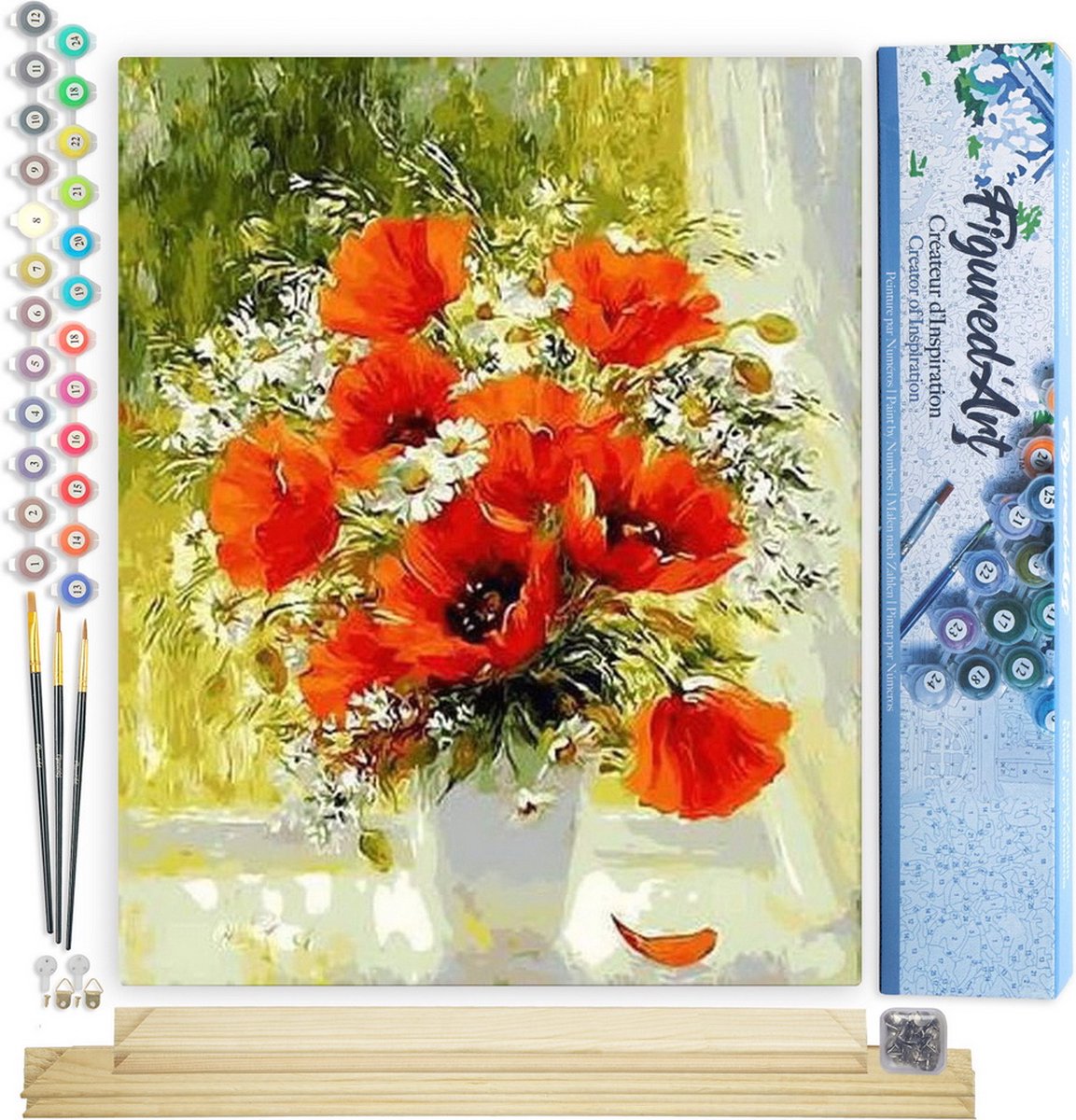 FiguredArt Schilderen op Nummer Volwassenen canvas Rode bloemen en madeliefjes - Handwerk acrylverf Kit DIY Compleet - 40x50cm met DIY houten lijst
